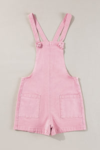 Pink Knotted Tie Shoulder Straps Racerback Denim Romper with Pockets