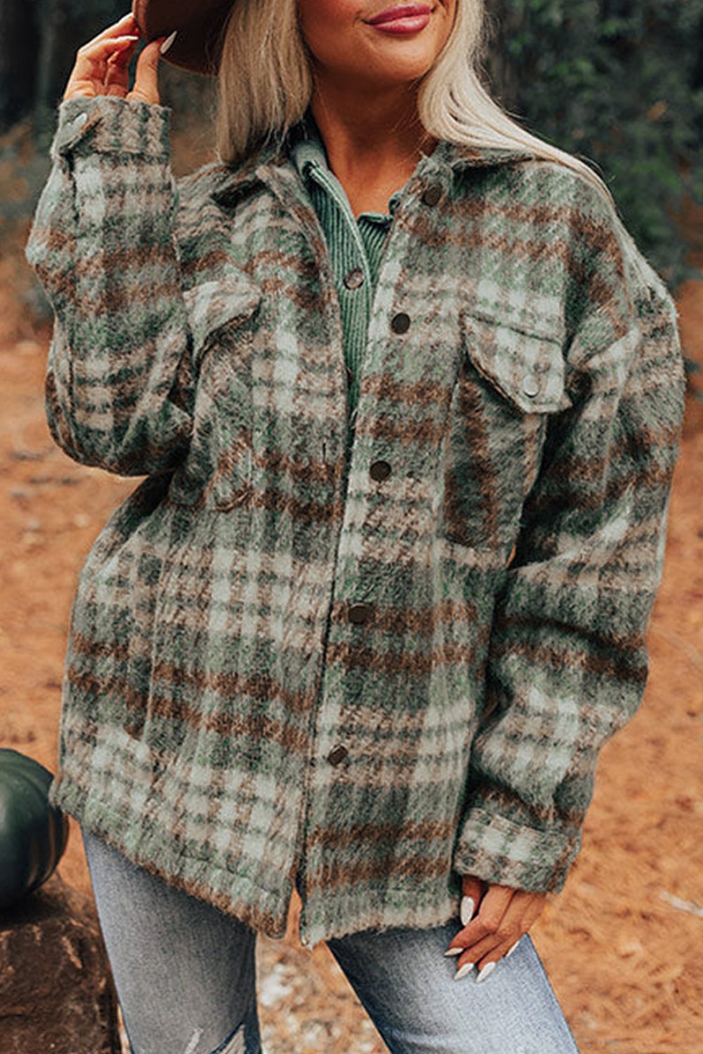 Green & Brown Plaid Button Down Shacket with Chest Flap Pockets