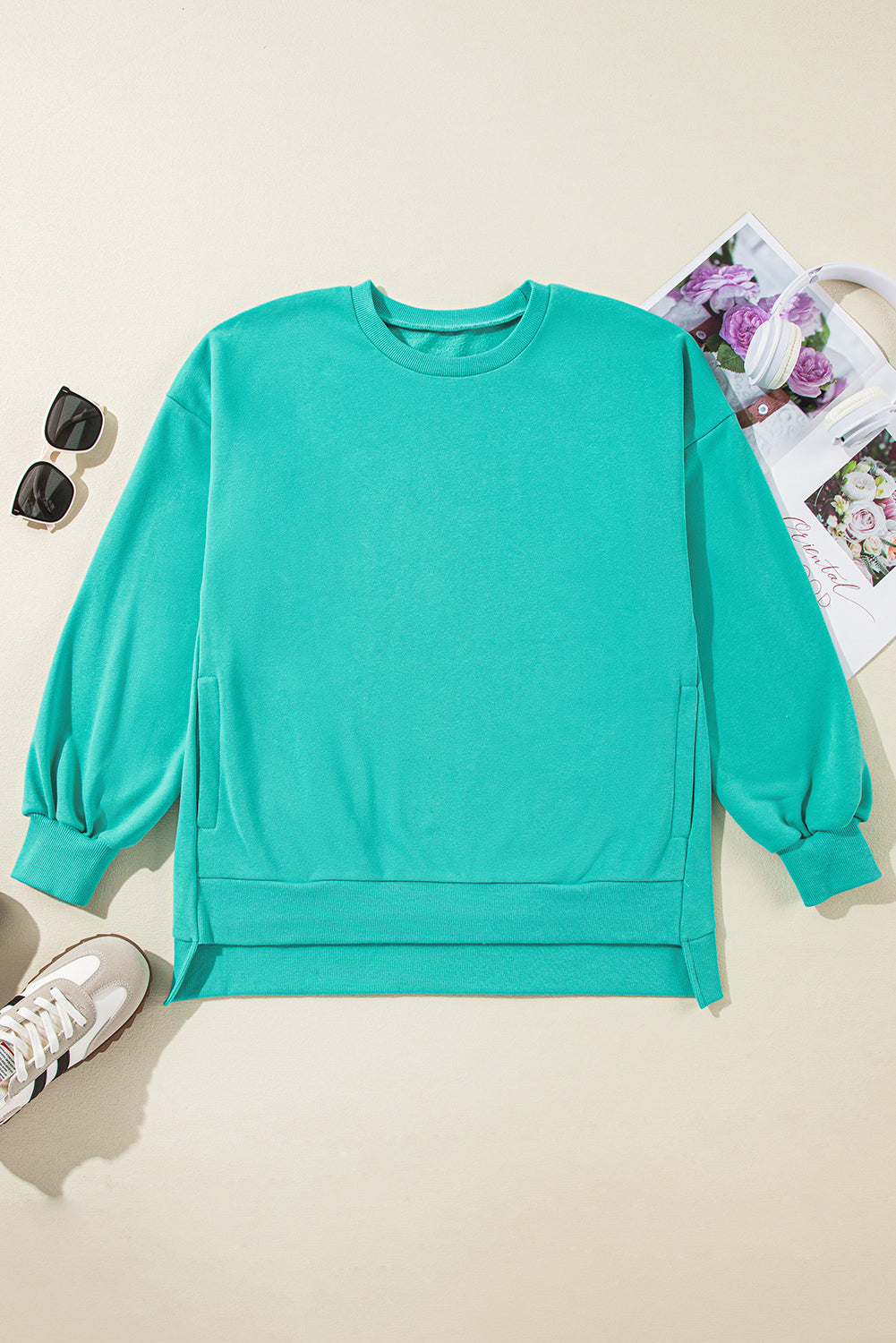 Turquoise Green Fleece Lined Drop Shoulder High Low Sweatshirt