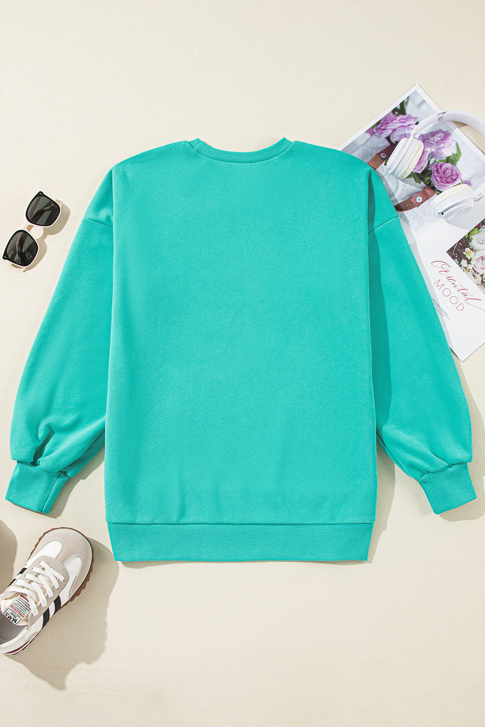 Turquoise Green Fleece Lined Drop Shoulder High Low Sweatshirt