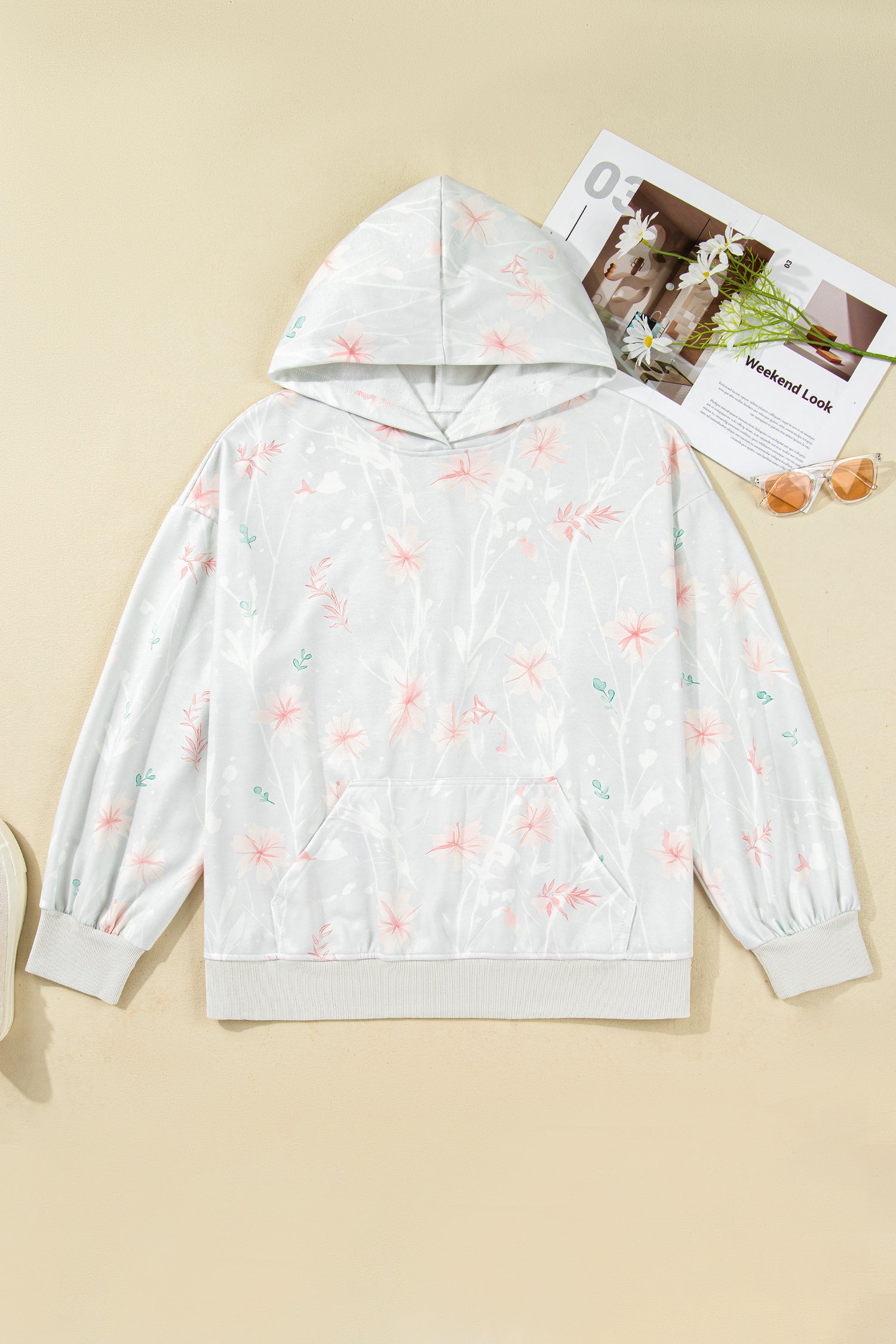 Pink and White Floral Print Plus Size Hoodie