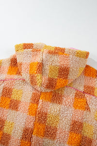 Orange & Yellow Checkered Sherpa Snap Up Pink Lined Hooded Jacket