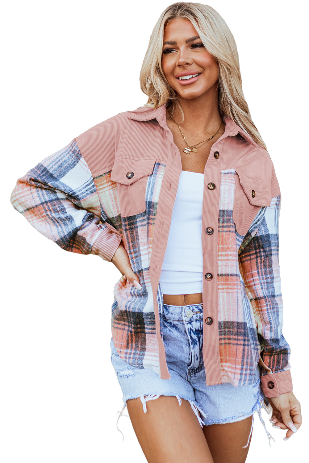 Light Pink & Blue Plaid Corduroy Color-block Chest Pockets Heavyweight Button-down Shirt