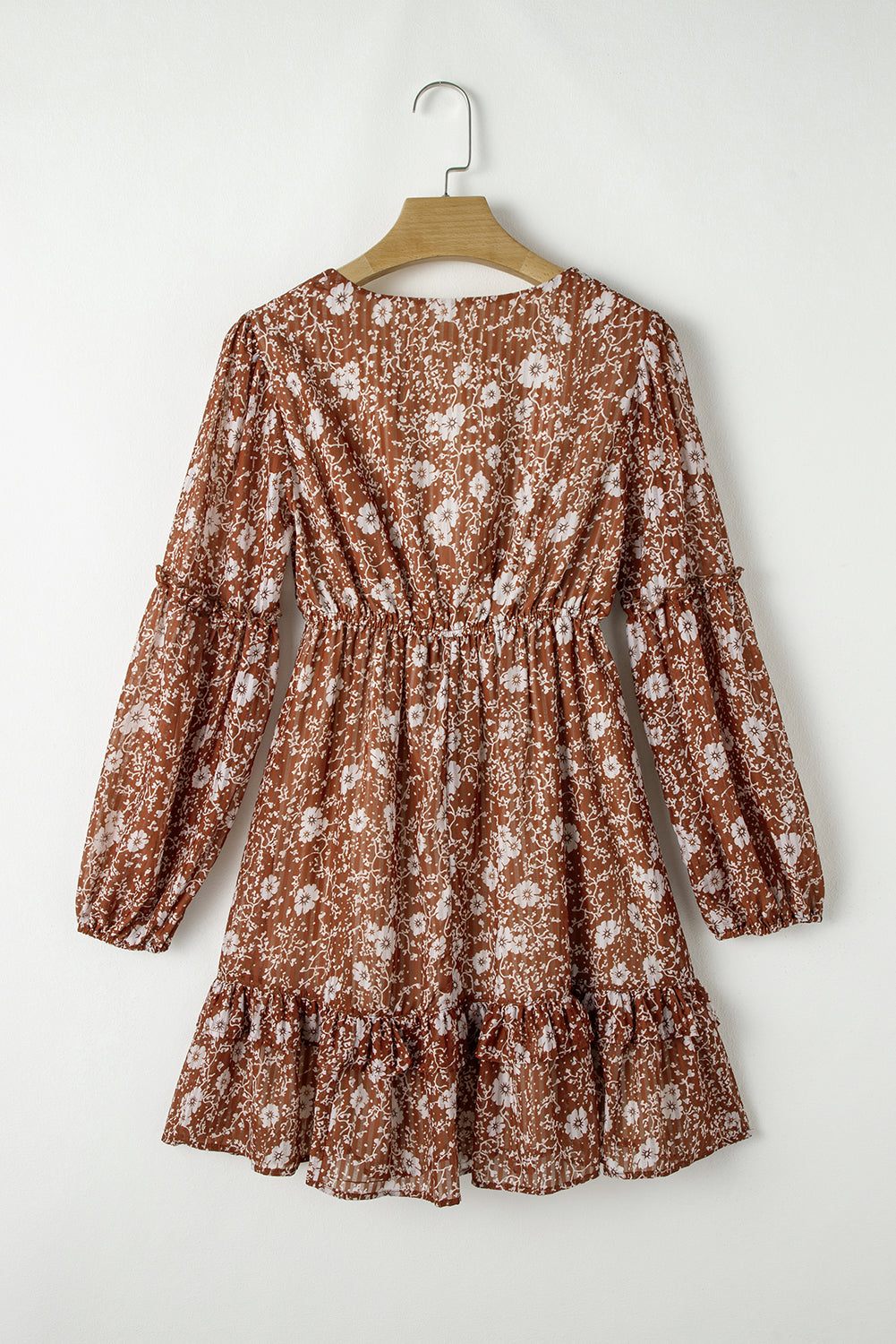 Brown Boho Floral Ruffled Puff Sleeve V-Neck Mini Dress