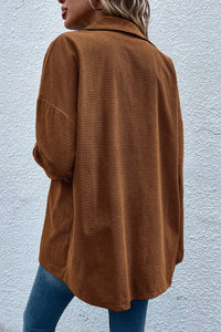 Rustic Brown Textured Flap Chest Pockets Snap Up Oversized Shirt