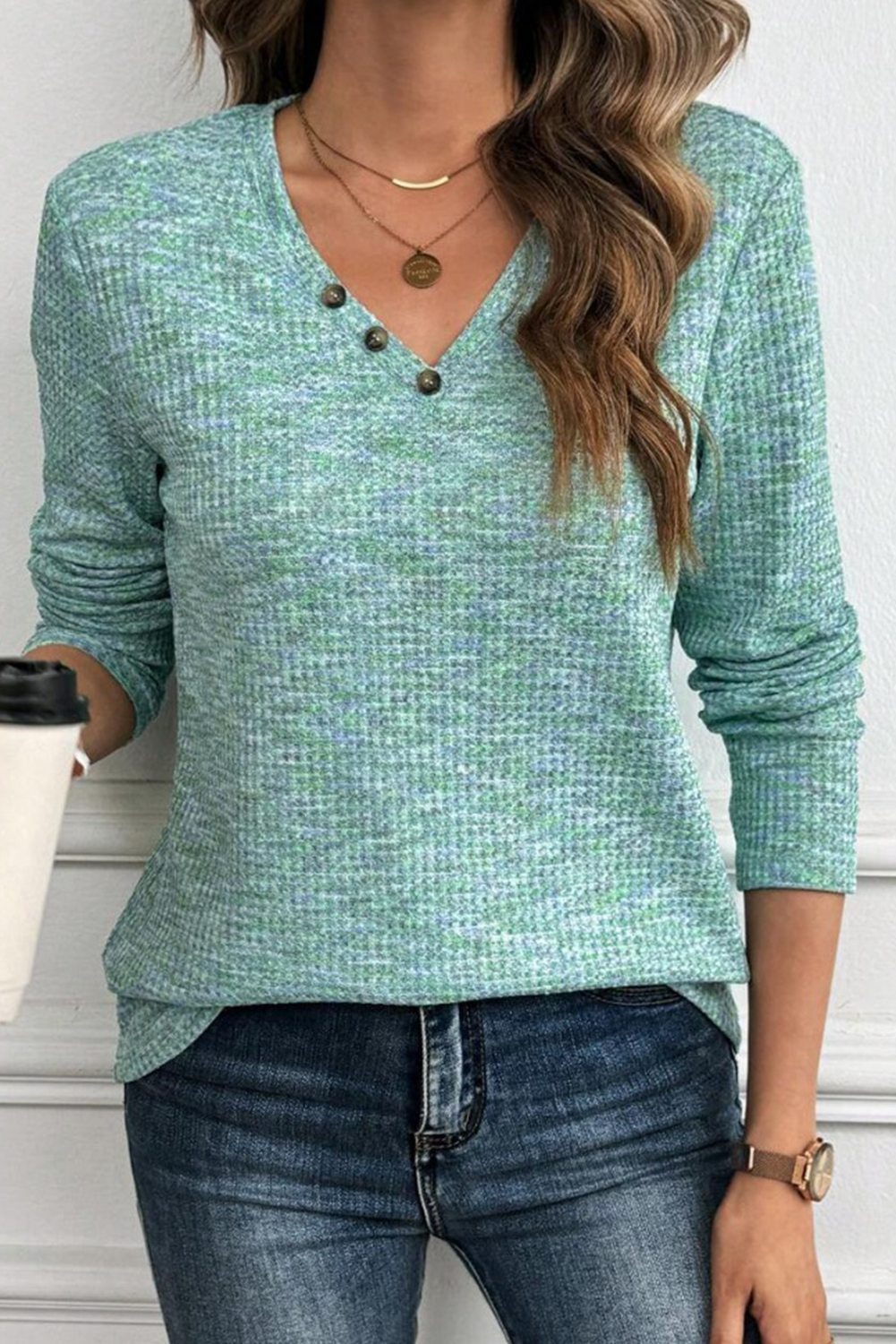 Aqua Green Marled V-Neck Textured Long Sleeve Top