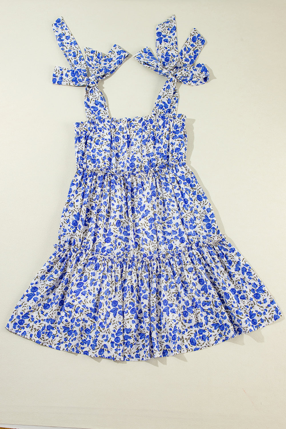 Blue Mini Floral Adjustable Shoulder Strap Tiered Babydoll Dress