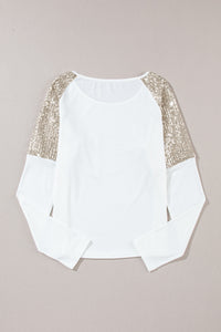 White with Gold Sequin Color Block Raglan Long Sleeve Top