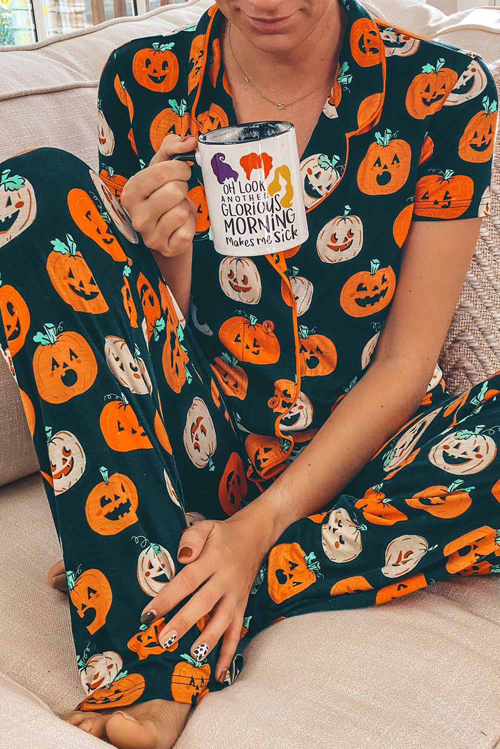 Black with Orange Pumpkins Print Short Sleeve Shirt & Pants Pajama Set