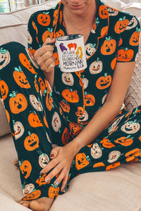 Black with Orange Pumpkins Print Short Sleeve Shirt & Pants Pajama Set