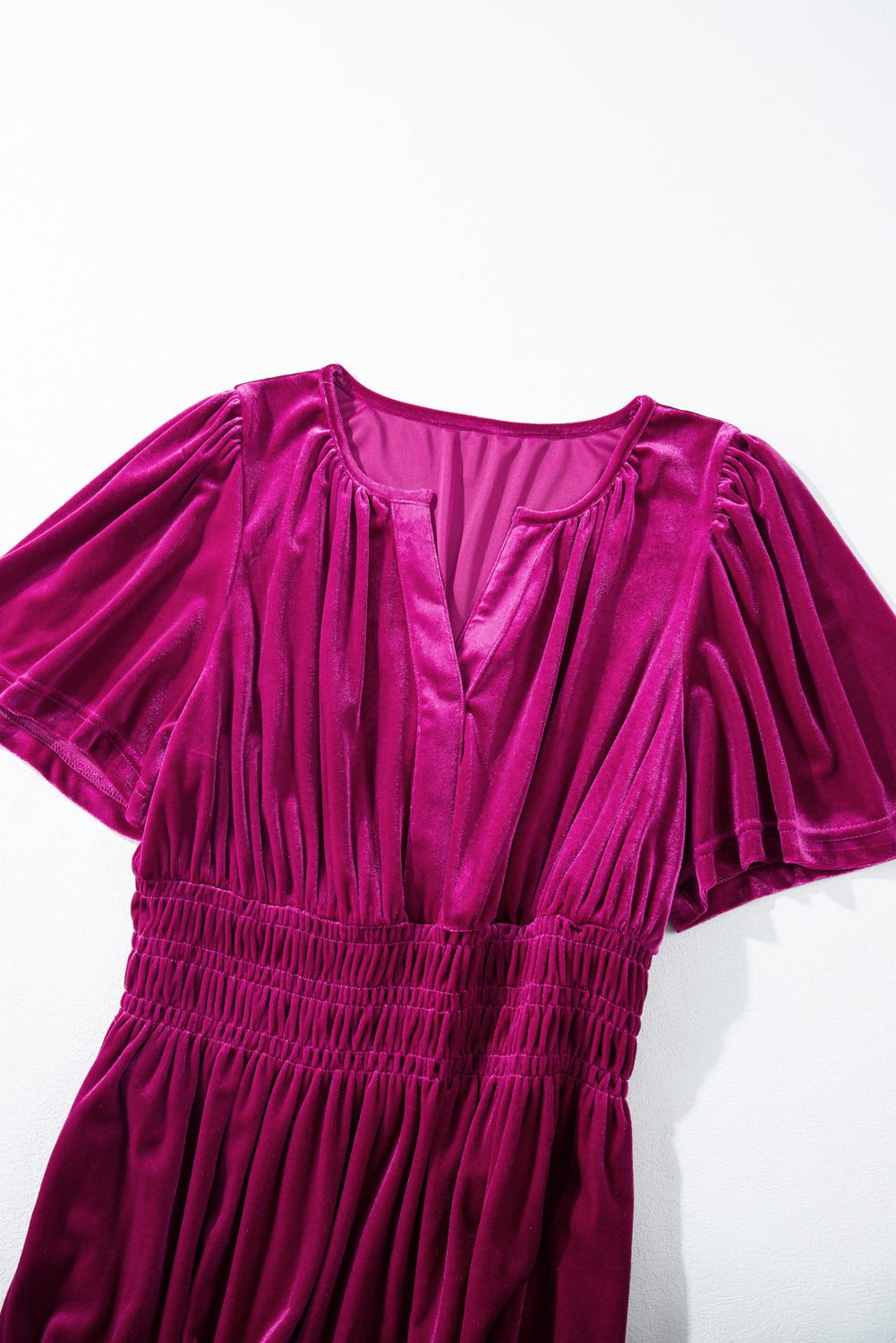 Magenta Velour Short Sleeve Shirred Waist Tiered Maxi Dress