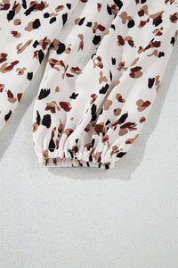 White with Brown & Black Confetti Print Lantern Sleeve Mock Neck Pleated Blouse