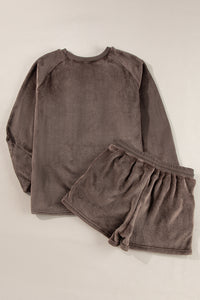 Brown Fleece Long-sleeve Top & Shorts Set