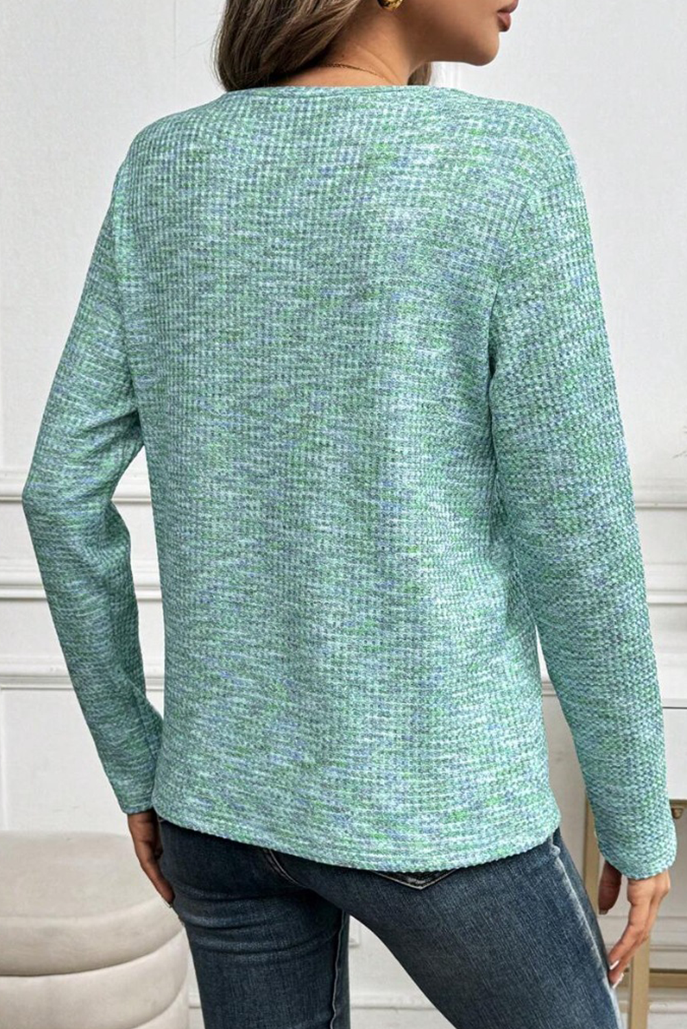 Aqua Green Marled V-Neck Textured Long Sleeve Top