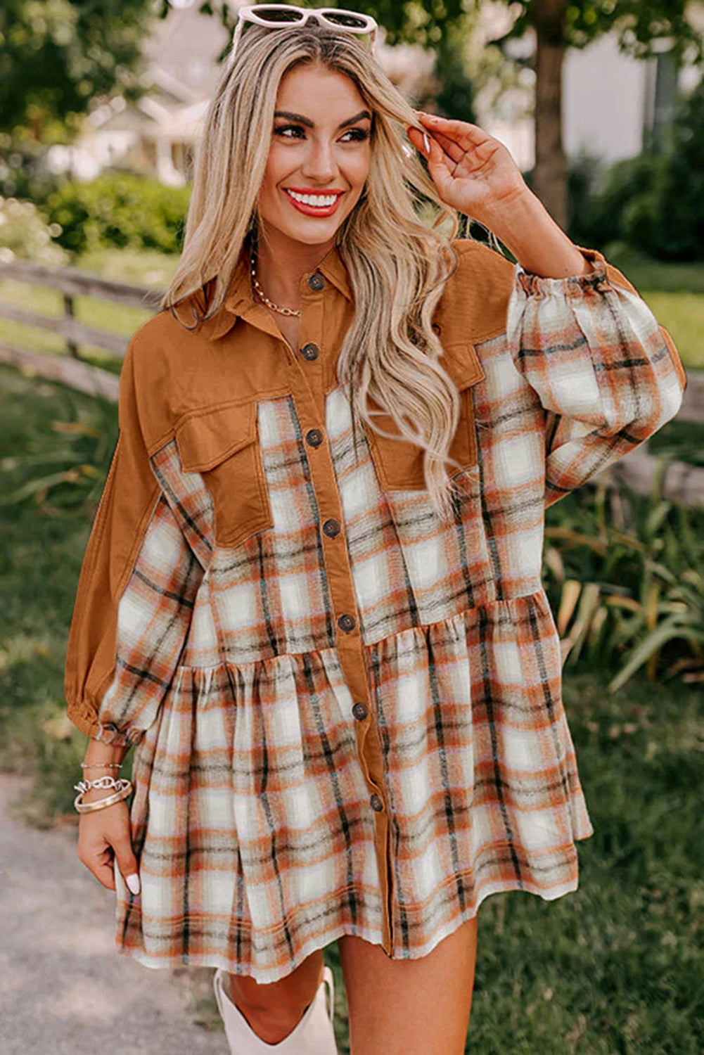 Rust Fall Plaid Color Block Button Down Mini Dress