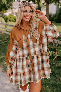Rust Fall Plaid Color Block Button Down Mini Dress