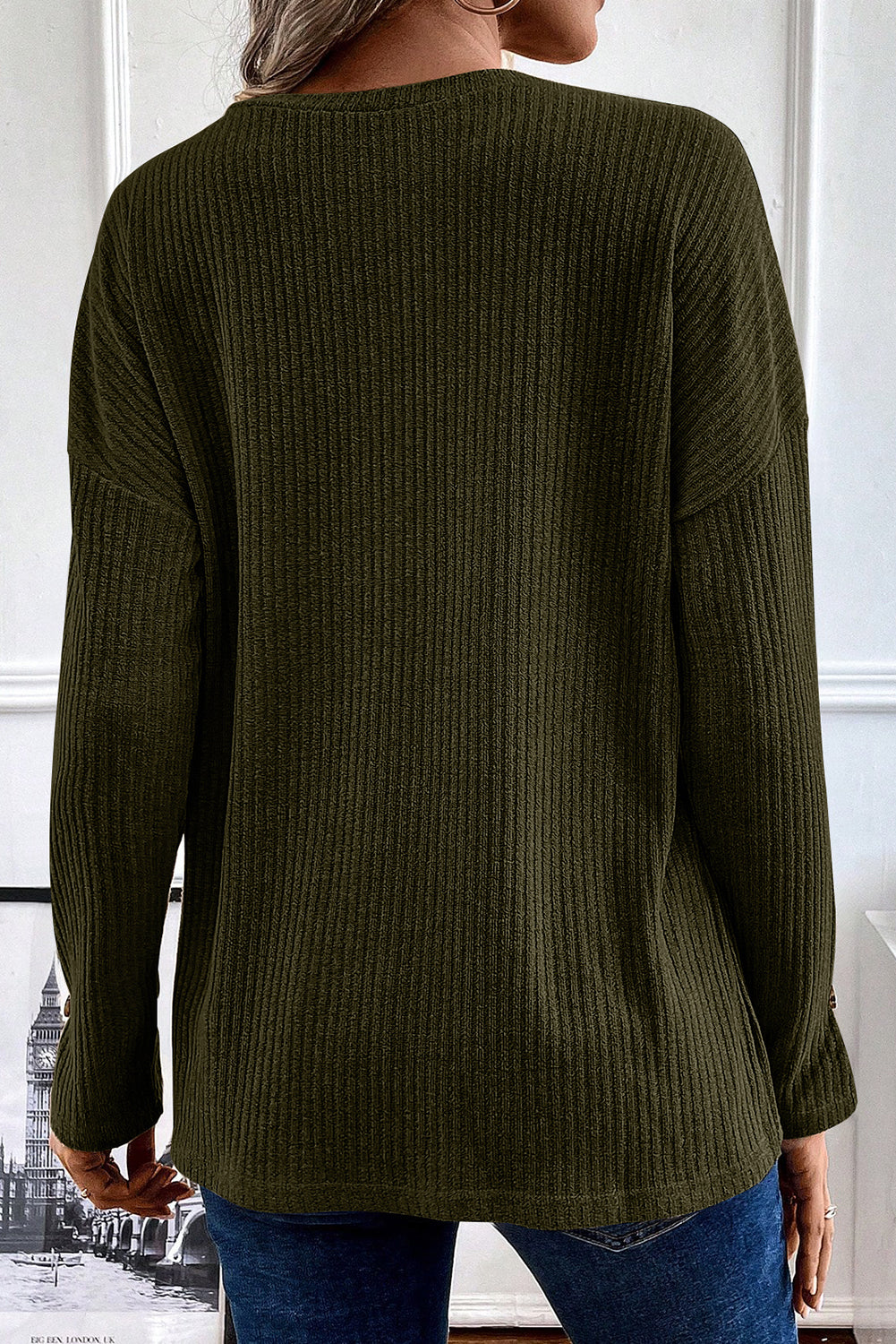 Dark Olive Rib Textured Henley Knit Top