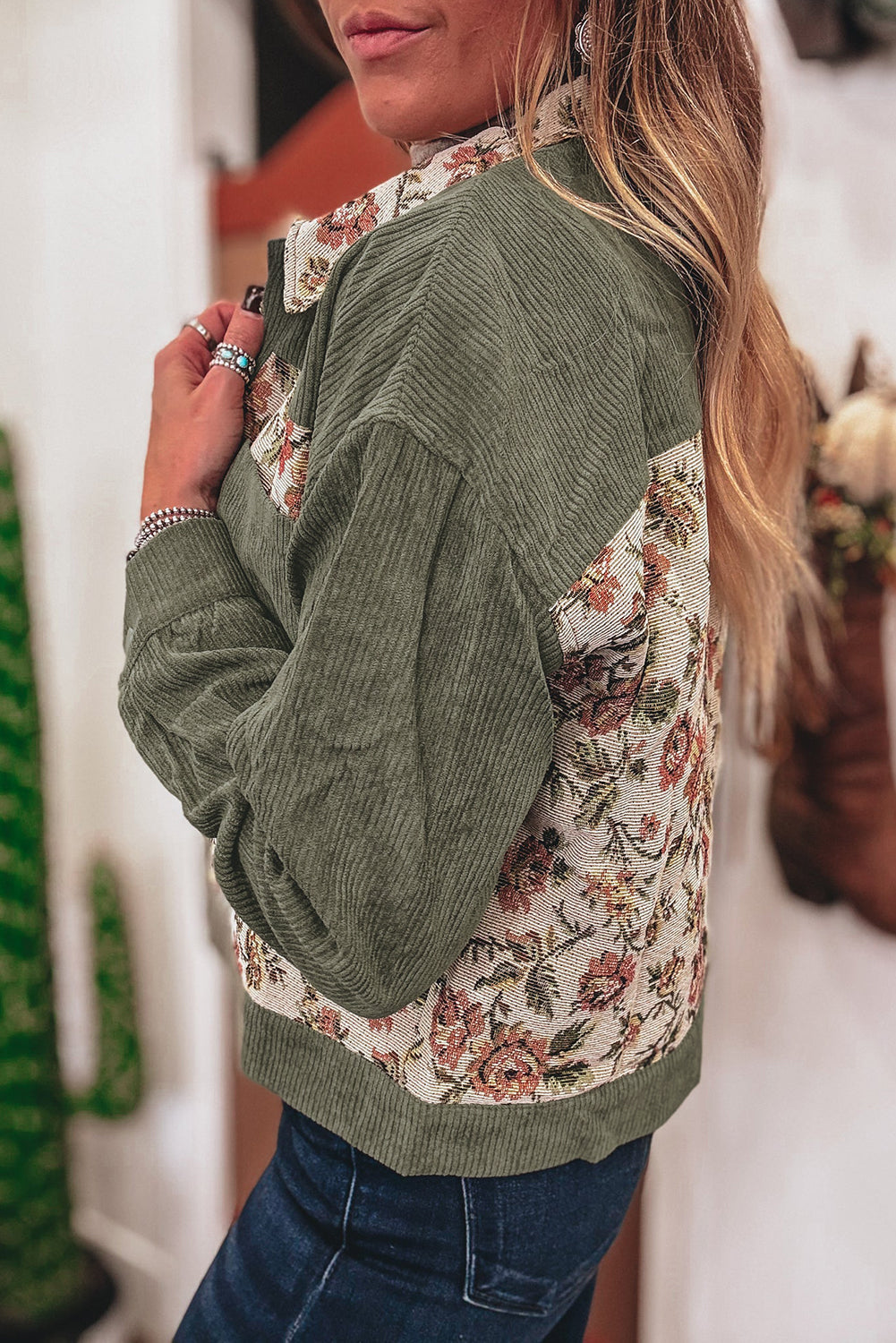 Sage Green Corduroy Vintage Floral Patchwork Jacket