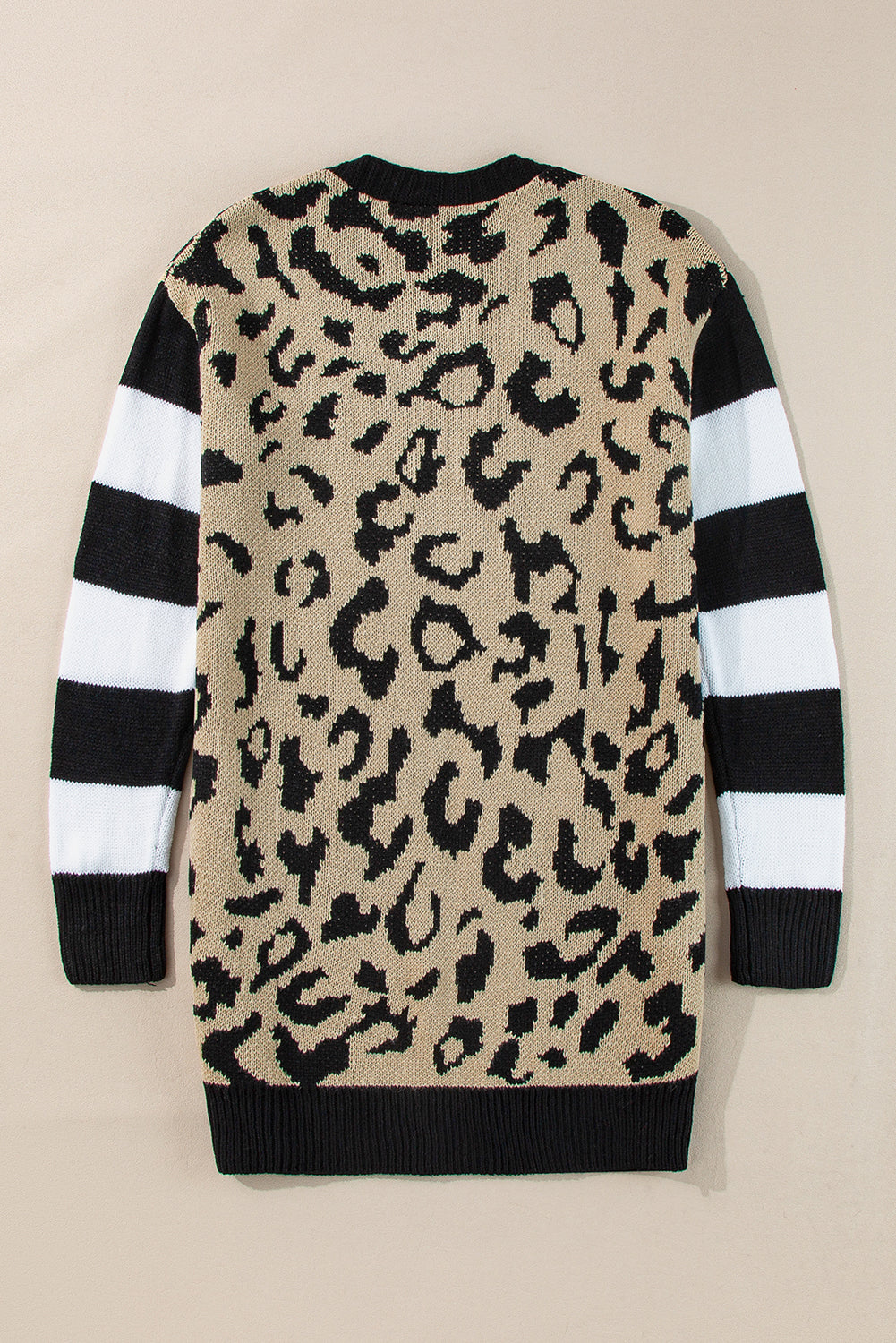 Stripe Sleeve Leopard Print Color Block Open Front Cardigan With Pockets