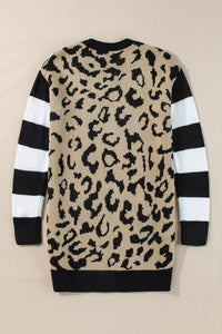 Stripe Sleeve Leopard Print Color Block Open Front Cardigan With Pockets