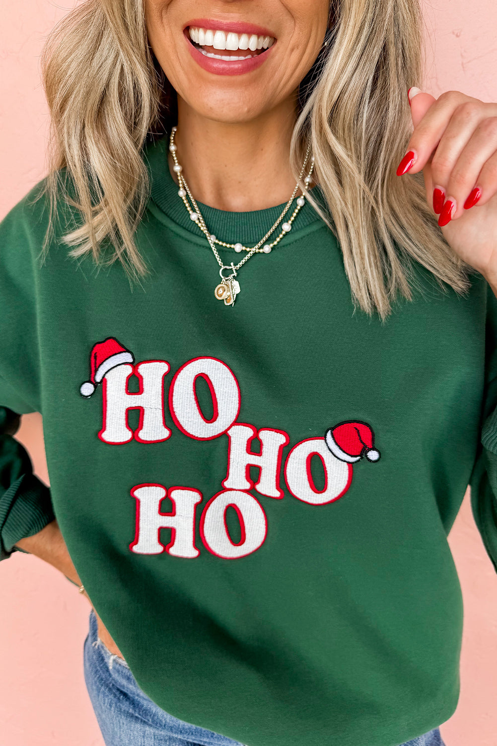 Christmas Green Embroidered HO HO HO Graphic Crewneck Sweatshirt