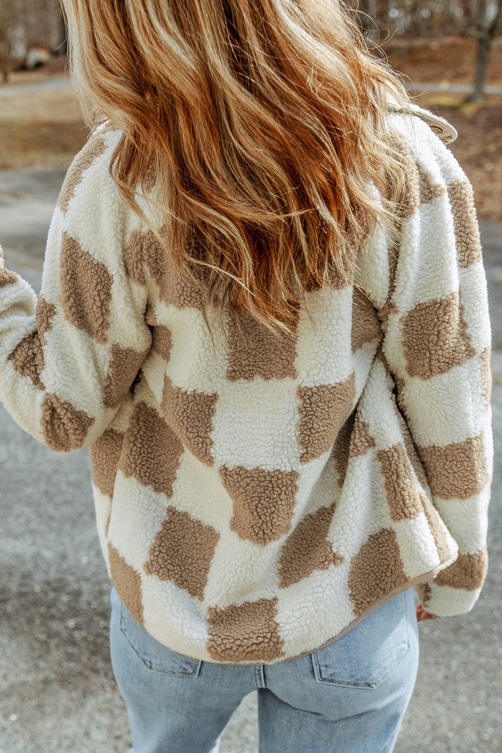 Brown & Cream Checked Snap Button Up Sherpa Jacket