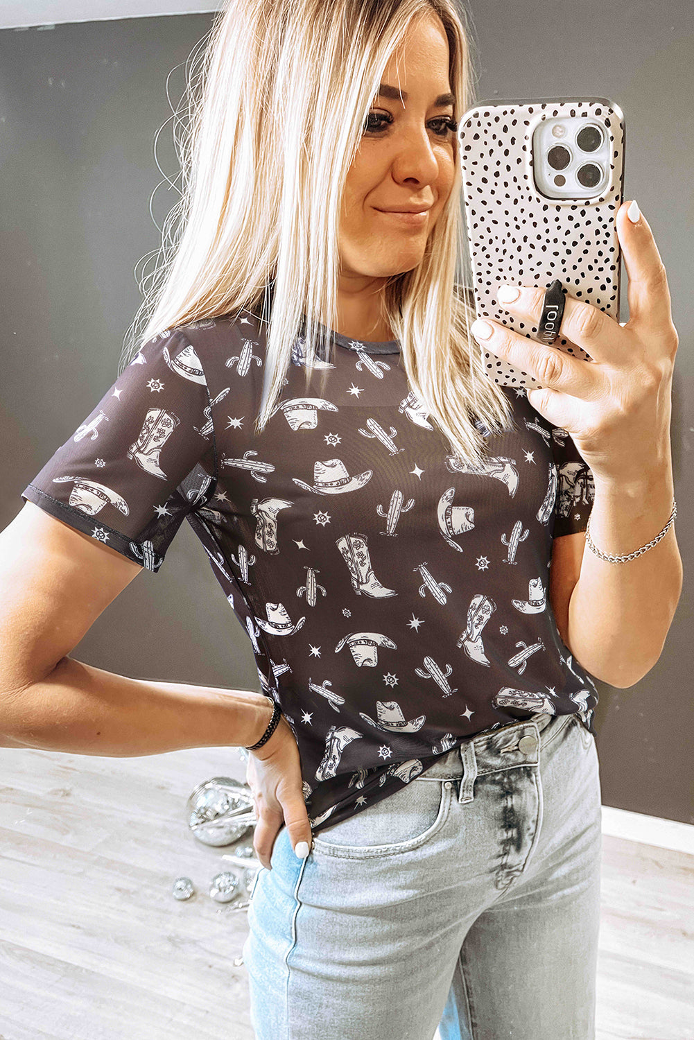 Black Western Pattern Mesh Sheer Crew Neck Tee