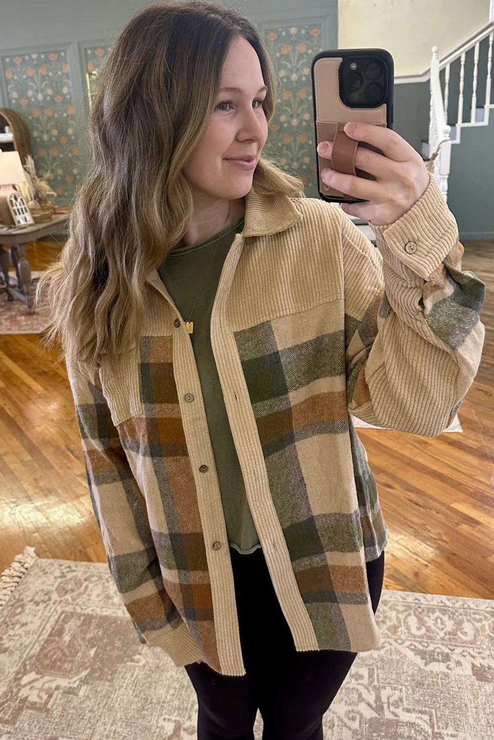 Beige Retro Plaid Corduroy Patchwork Shacket