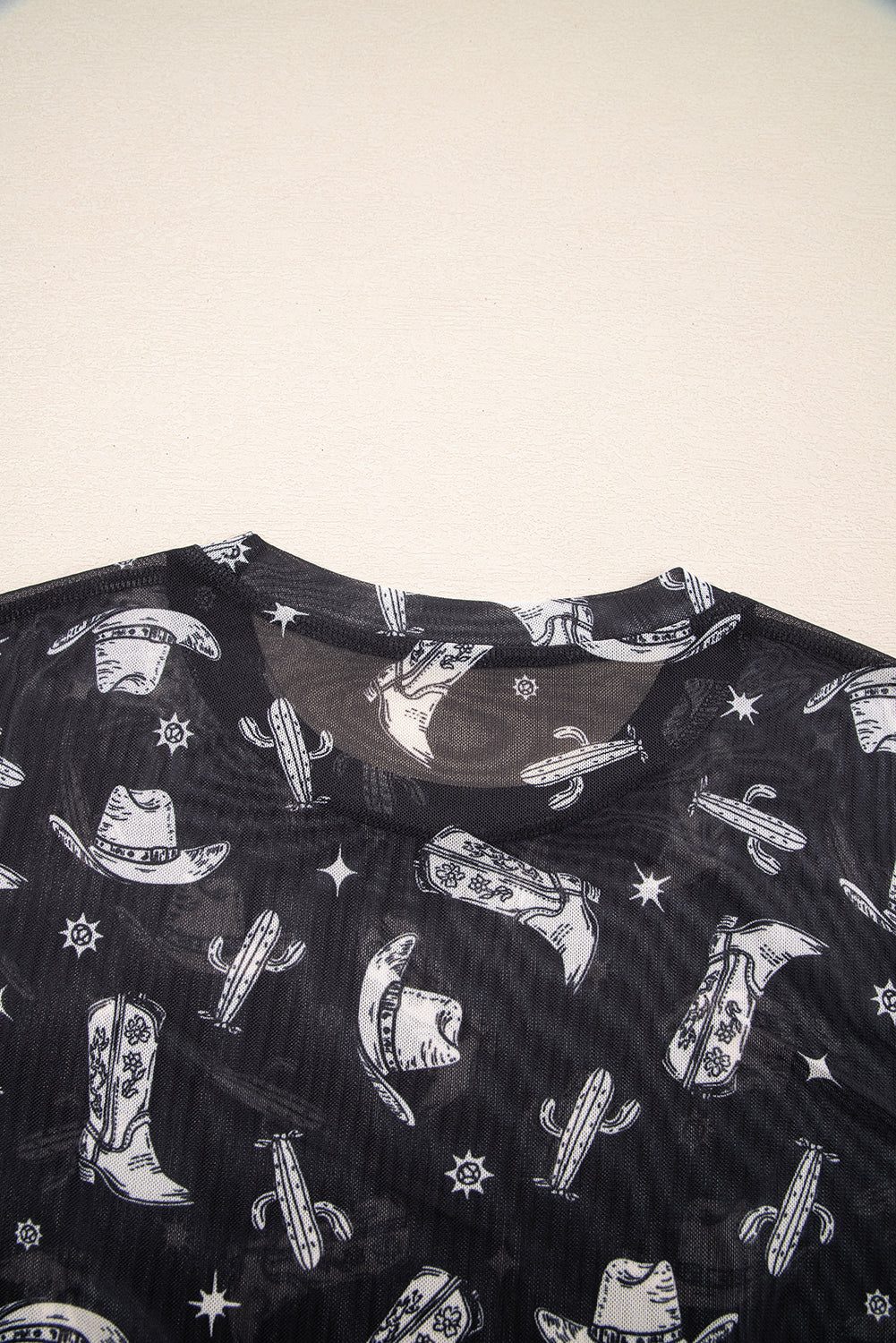 Black Western Pattern Mesh Sheer Crew Neck Tee