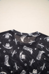 Black Western Pattern Mesh Sheer Crew Neck Tee