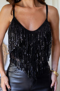 Black Sequined Fringe Cropped Strappy Tank Top
