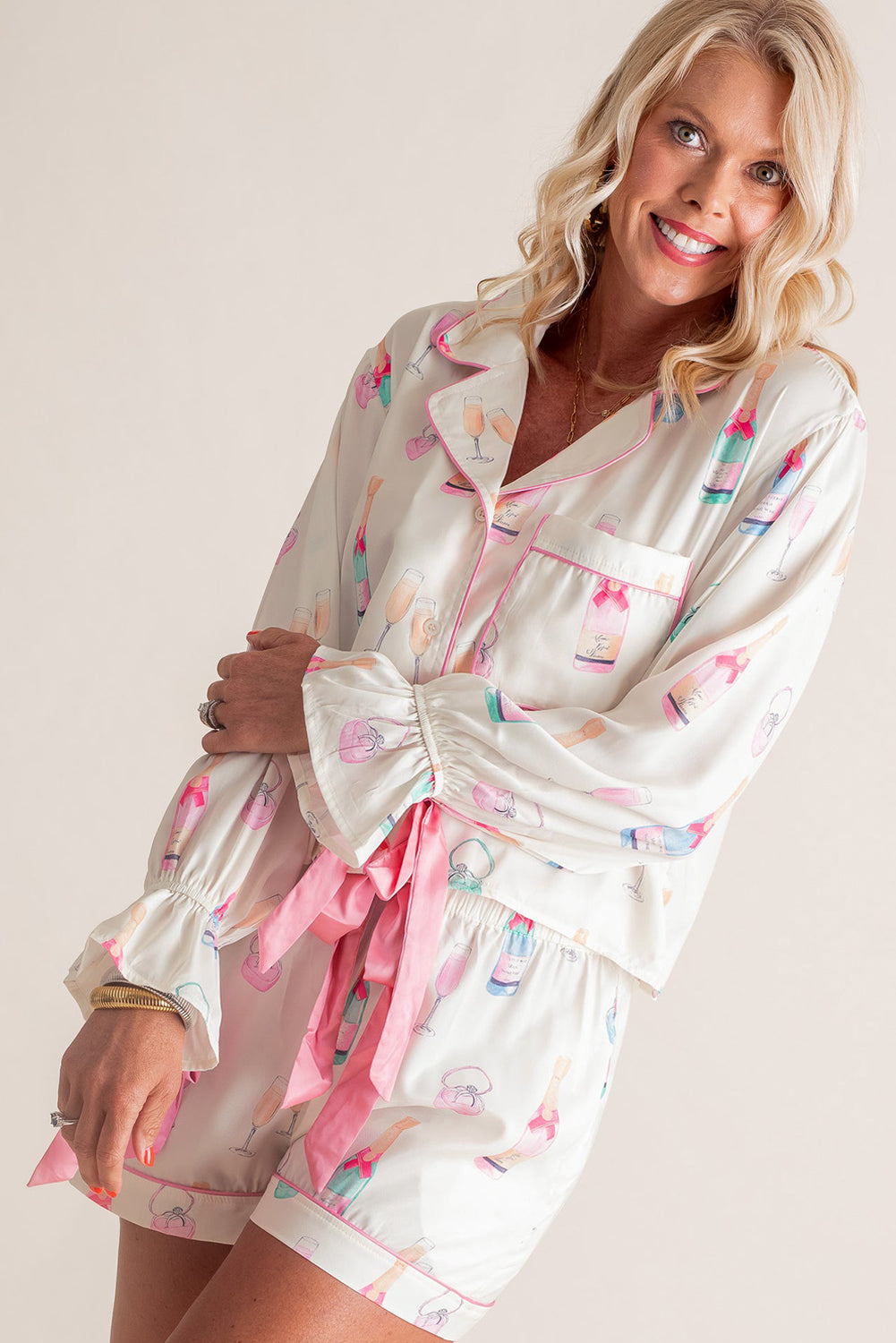 Plus Size Wine Glass Print Pink Bow Tie Shorts Pajama Set