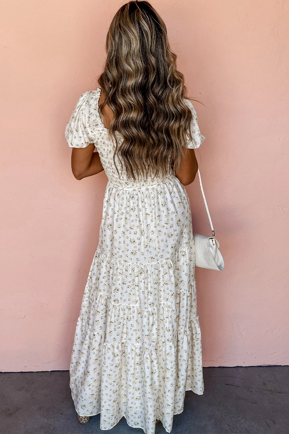 White and Pink Floral Shirred Bodice Tiered Maxi Dress