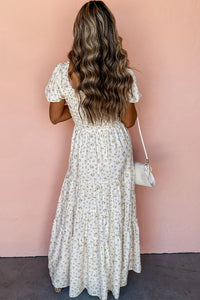 White and Pink Floral Shirred Bodice Tiered Maxi Dress