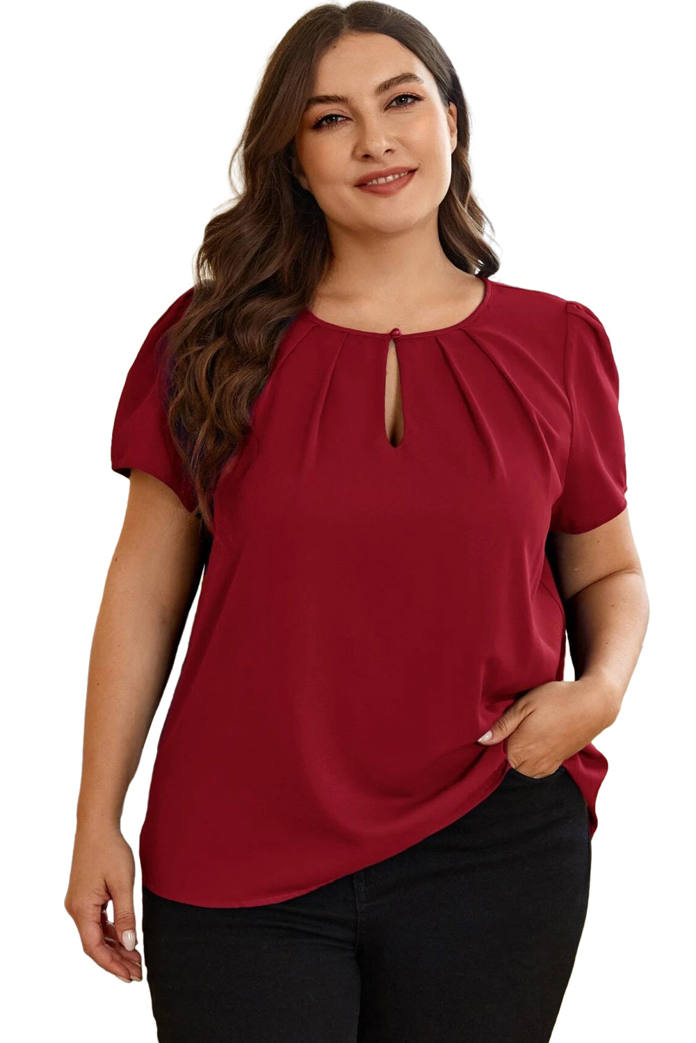 Red Keyhole Pleated Crew Neck Plus Size Short Sleeve Blouse