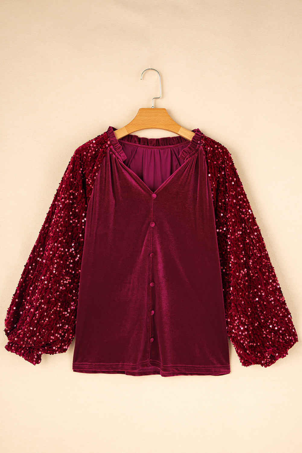 Burgundy Sequin Sleeve Button Up Velvet Top