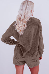 Brown Fleece Long-sleeve Top & Shorts Set