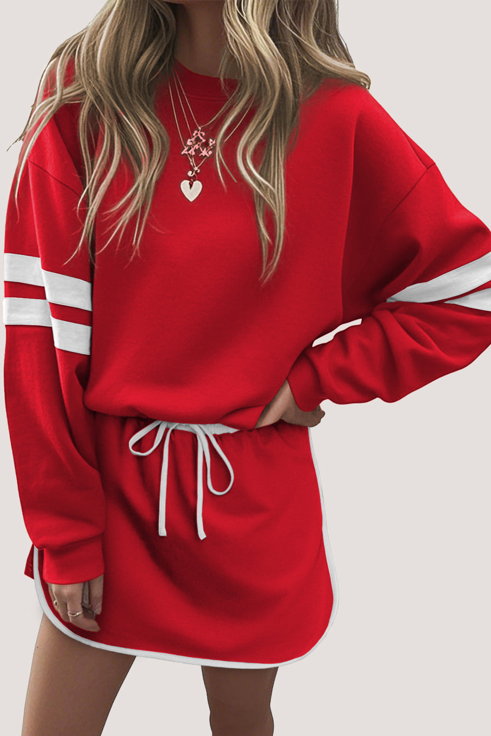 Varsity Stripe Detail Drop Shoulder Pullover Mini Skort Set