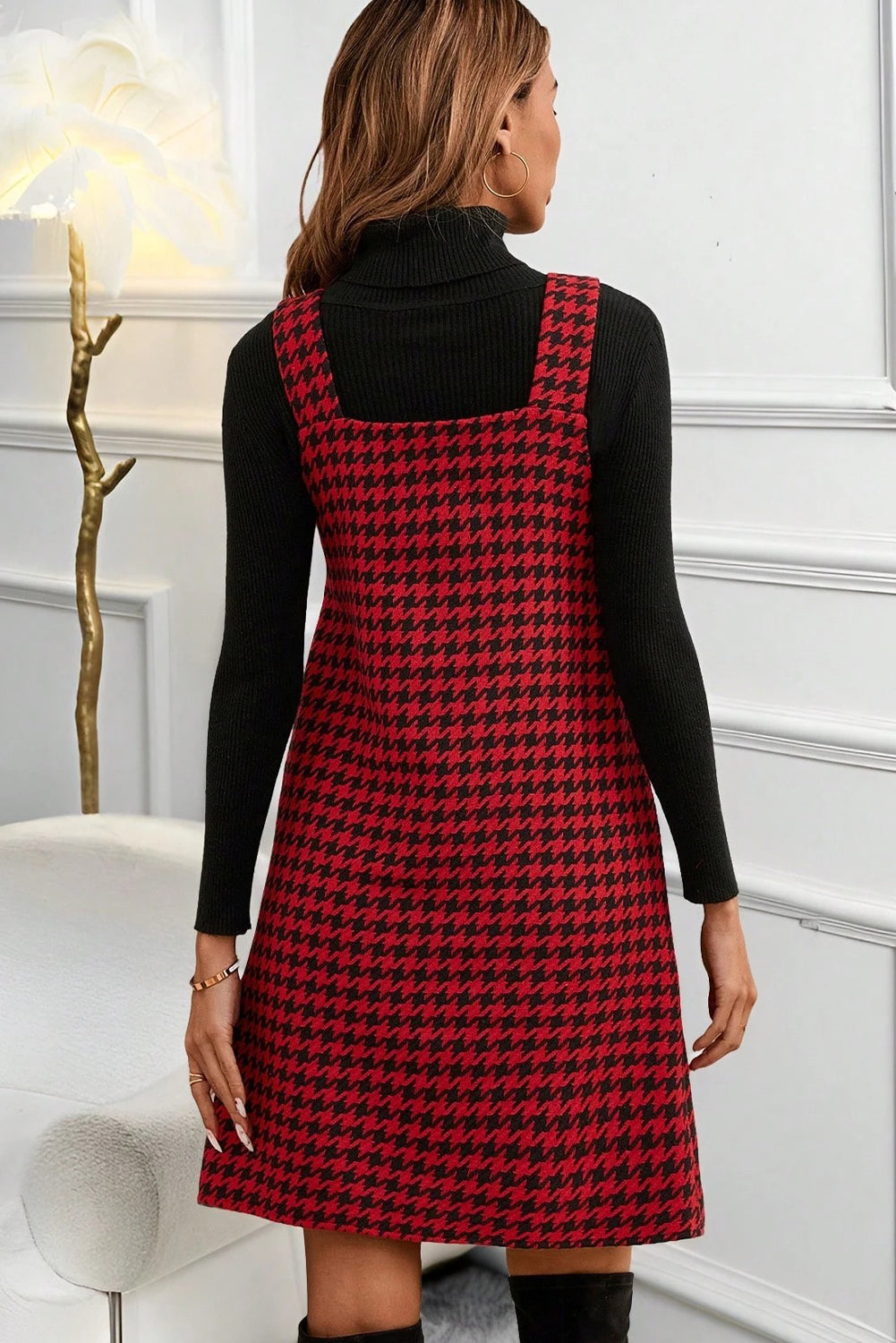 Houndstooth V-Neck Sleeveless Mini Dress