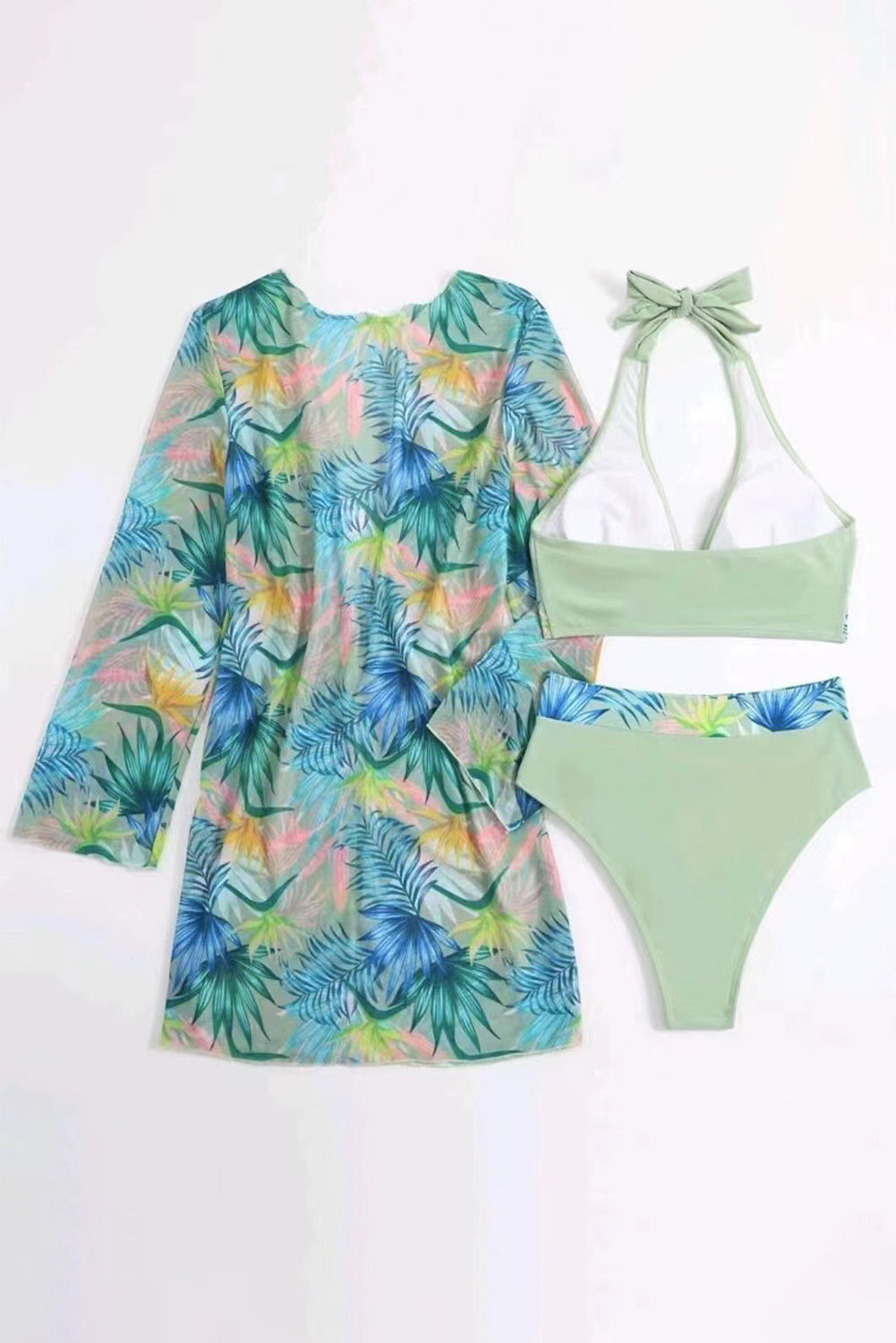 Multiple Colored Tropical Print 3Pc. Halter Bikini Set with Cover up