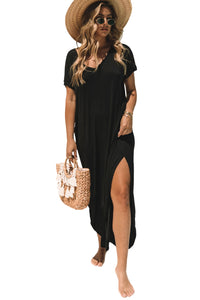 Black V-neck Side Split Maxi T-shirt Dress with Pockets