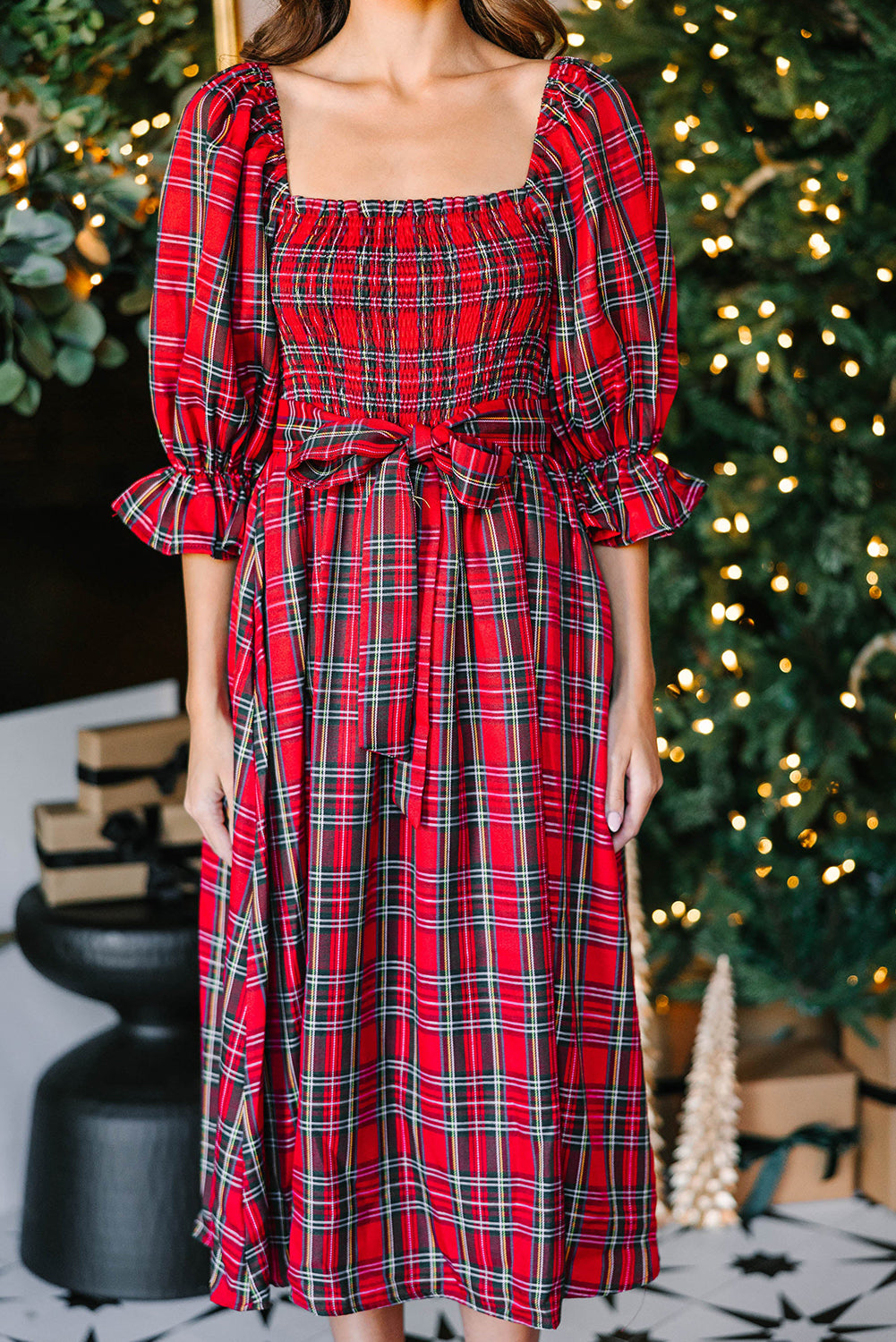 Red Tartan Plaid Smocked Square Neck 1/2 Puff Sleeve Tie Waist Midi Dress