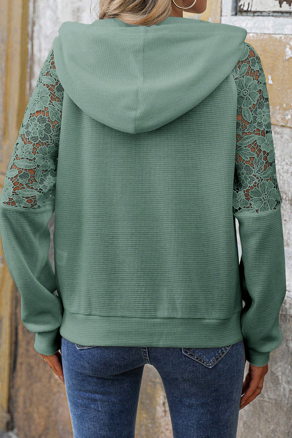 Sage Lace Raglan Sleeve Kangaroo Pocket Waffle Knit Hoodie