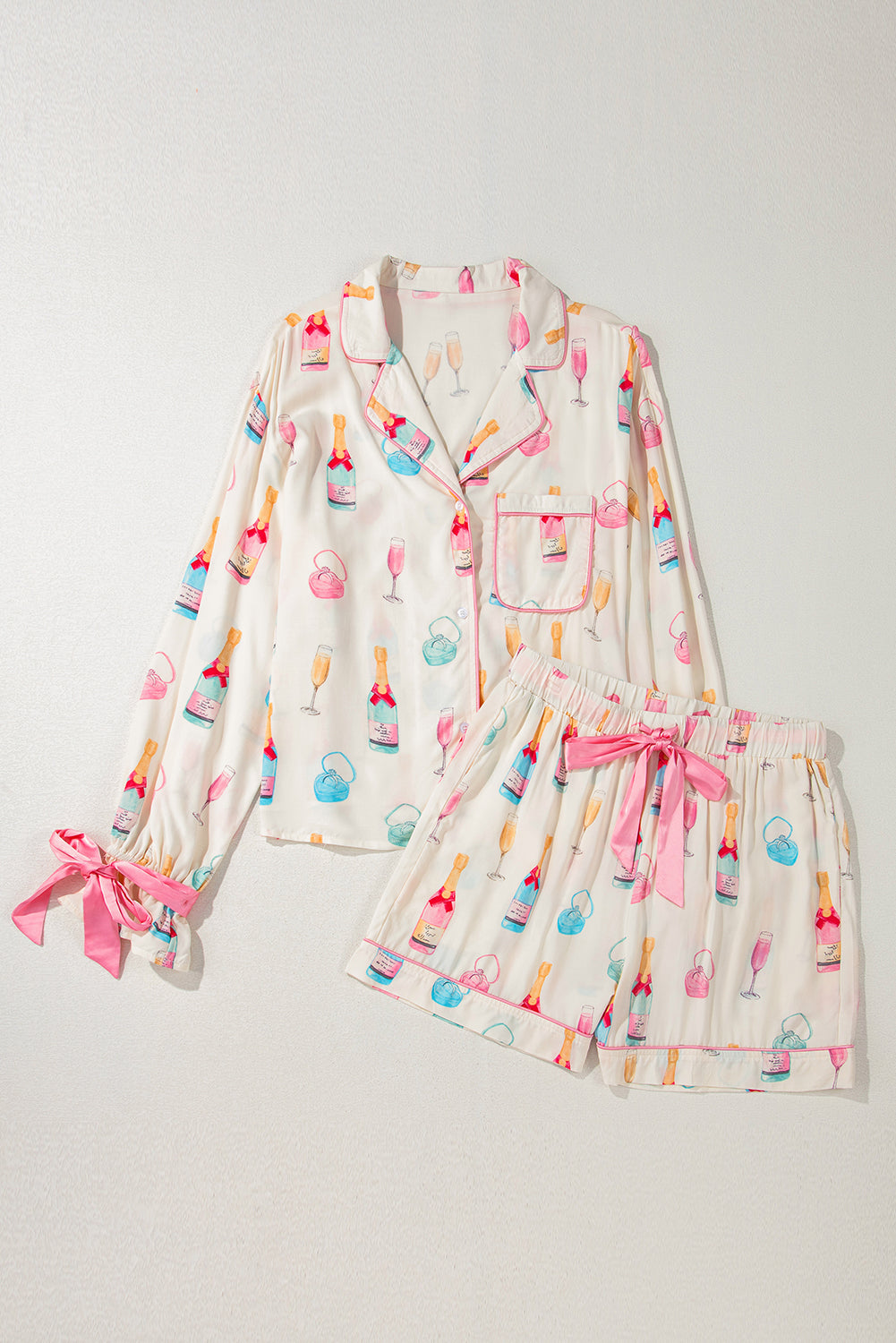 White Wine Glass Print & Pink Bow Ties Shorts Pajama Set