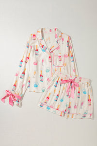 White Wine Glass Print & Pink Bow Ties Shorts Pajama Set