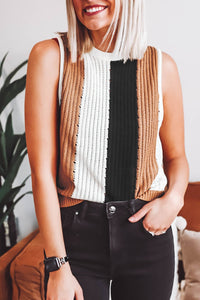 Khaki and Black Horizontal Stripe Sleeveless Loose Knit Sweater