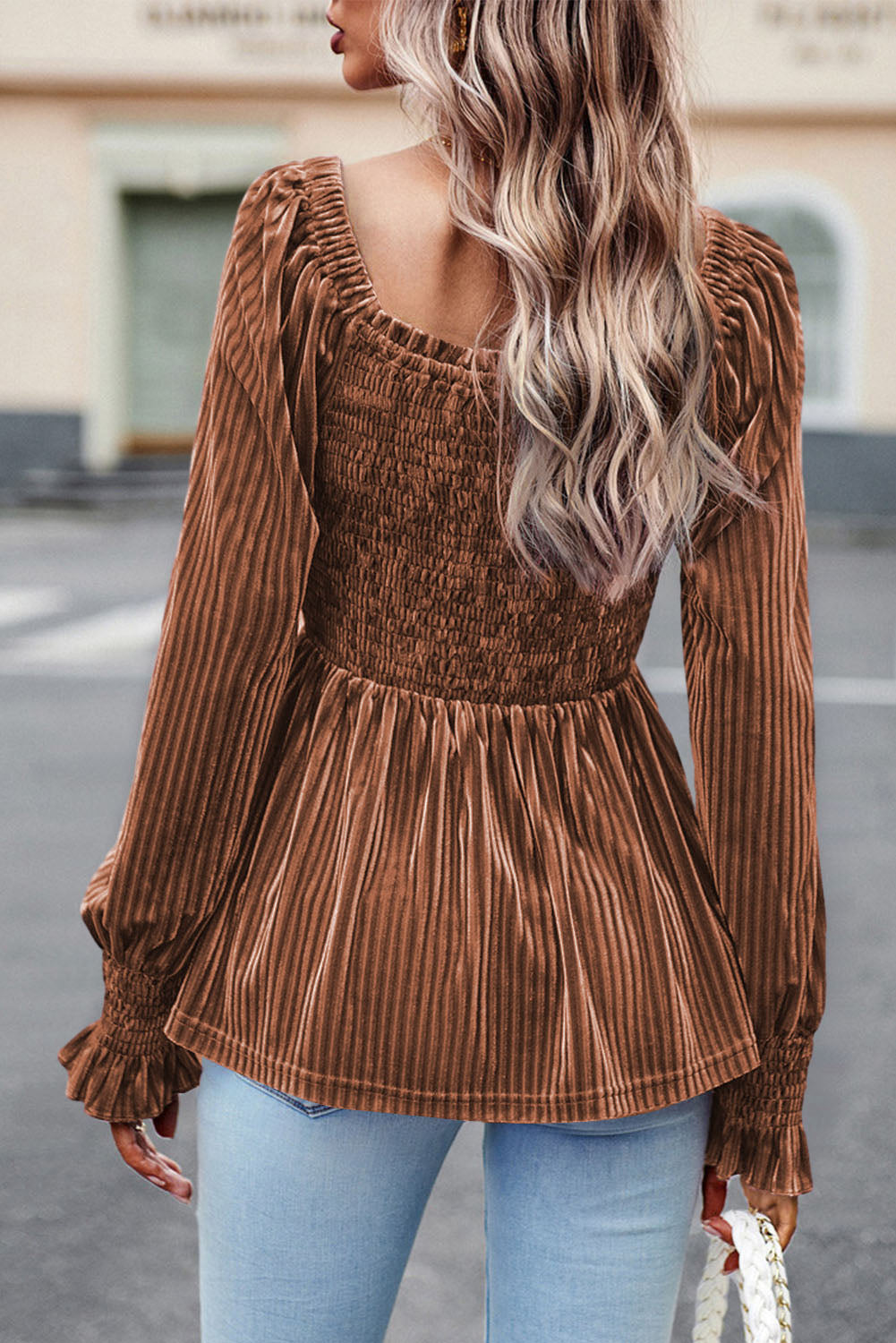 Velour Square Neck Smocked Long-sleeve Babydoll Top