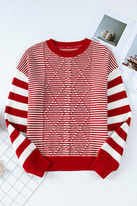 Red Stripe Long Sleeve Geometric Textured Knit Sweater