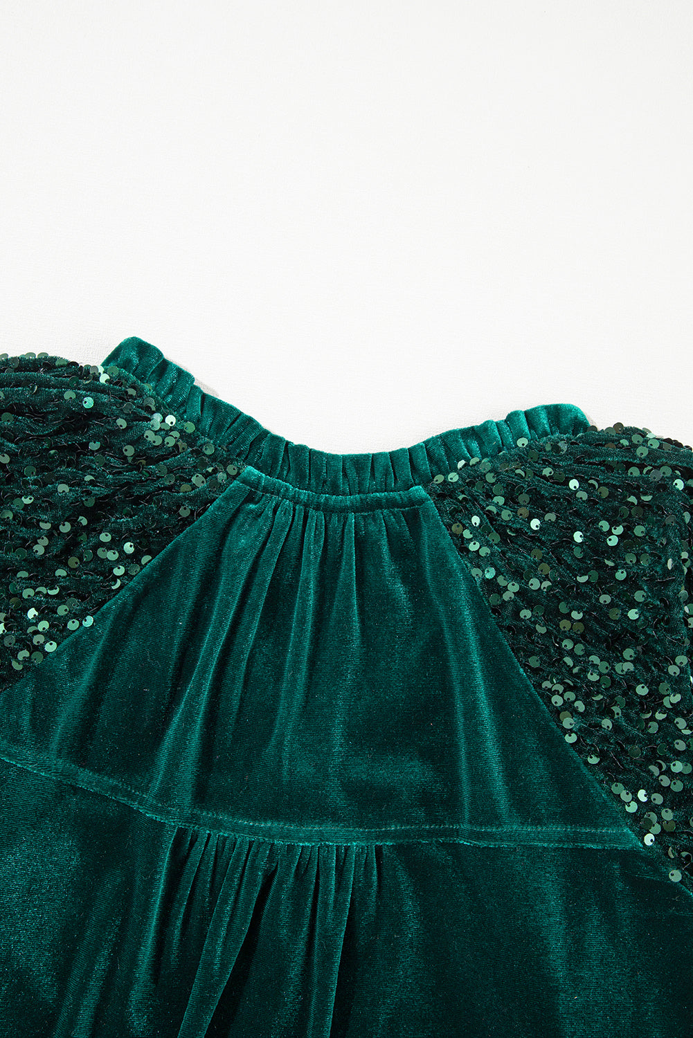 Emerald Sequined Sleeve V-Neck Button Up Velour Blouse