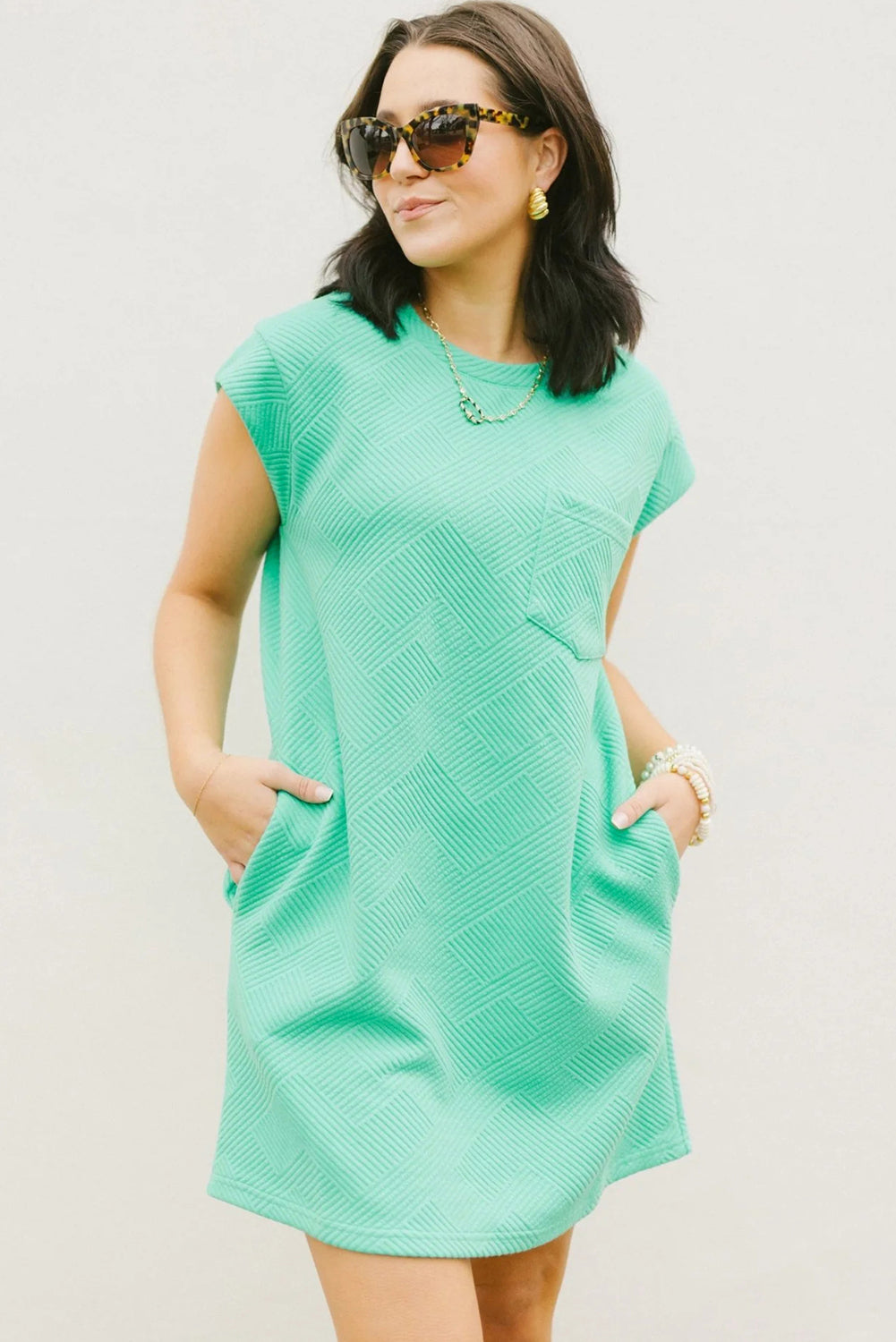 Textured Cap Sleeve Dress with Pockets in Mint or Pink